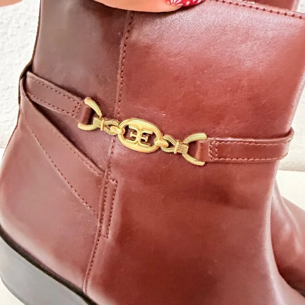 Sam Edelman Brown Leather Ankle Boots Women's Size 10 Gold Horsebit Block Heel